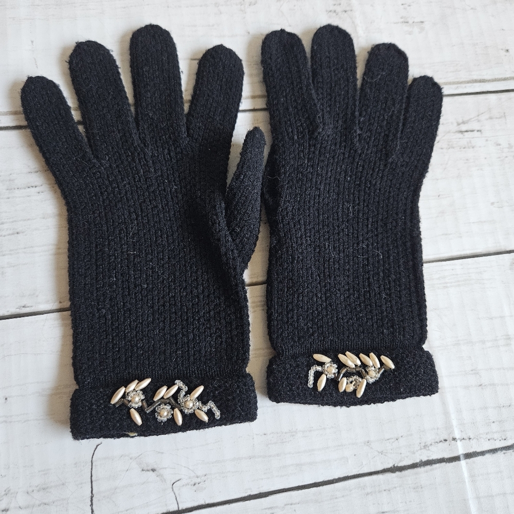 Vintage Black‎ Knit Gloves Beaded Embellishments